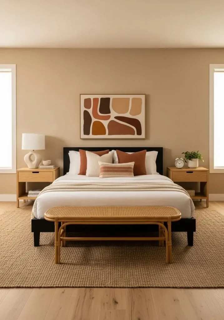 black furniture with wood accents warm bedroom design