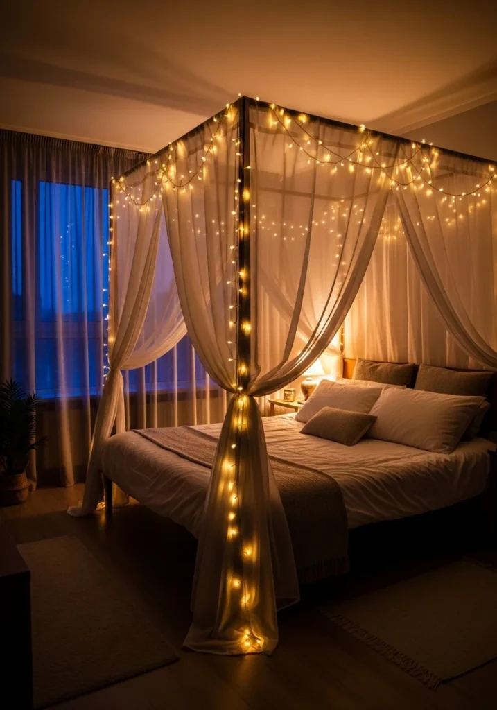 anopy bed with warm fairy lights and soft bedding creating a magical, cozy bedroom atmosphere.