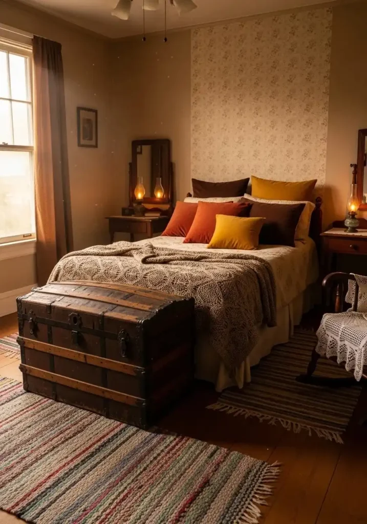 vintage trunk at foot of bed antique bedroom idea