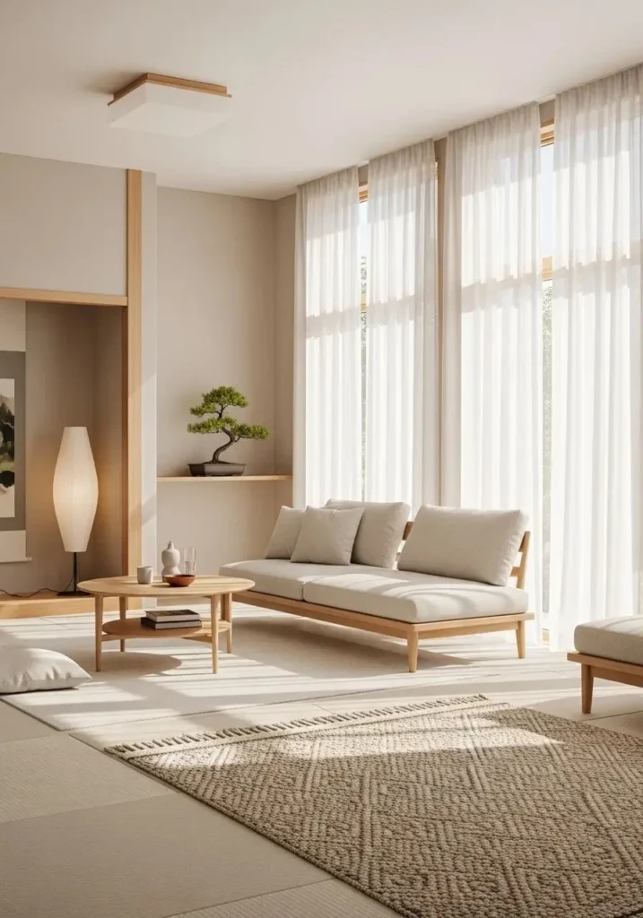 Japanese living room filled with natural light and sheer curtains for a soft glow