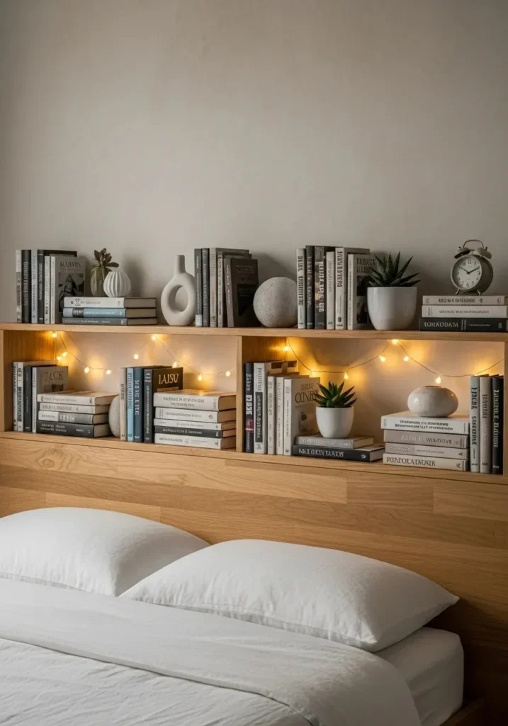Soft string lights on headboard shelf creating calming bedroom ambiance