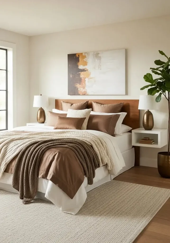 Urban bronze bedroom with soft neutral bedding in cream and taupe tones