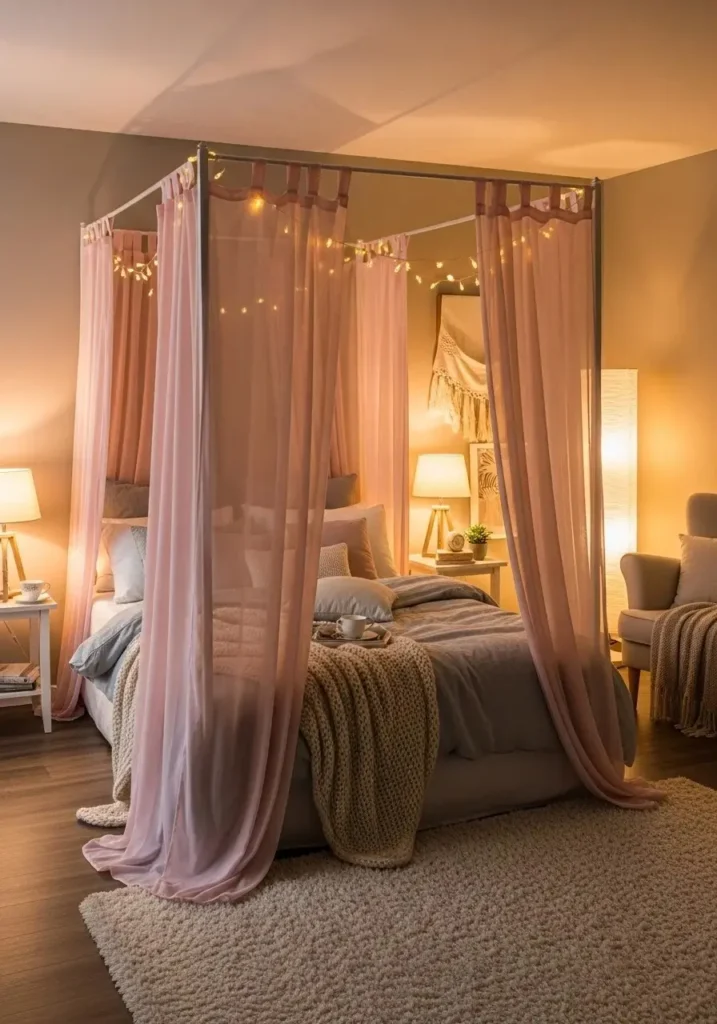 Romantic pink chiffon-draped canopy bed with soft bedding and warm lighting.