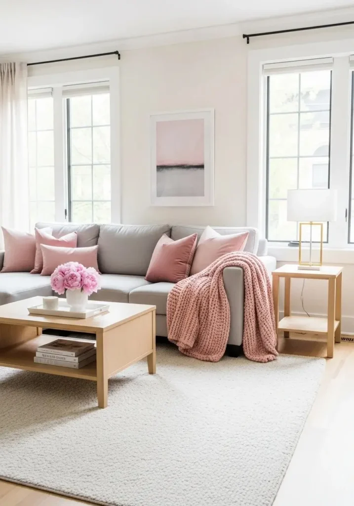 Blush pink and gray living room with light wood furniture and soft accents.