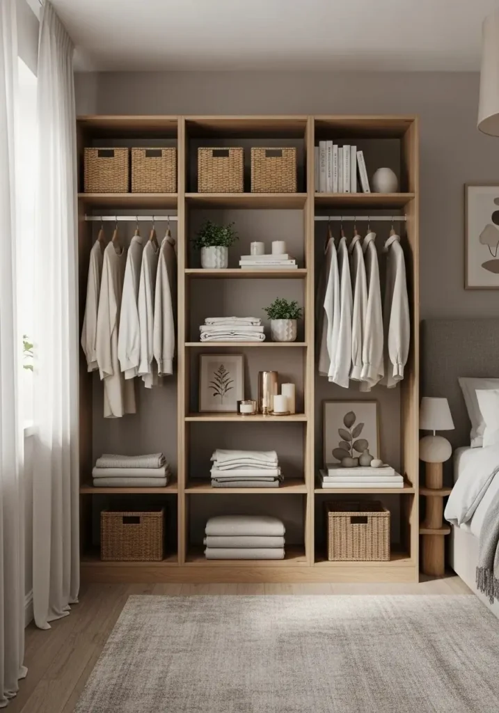 Open wardrobe shelves styled neatly with baskets and decor for an organized look