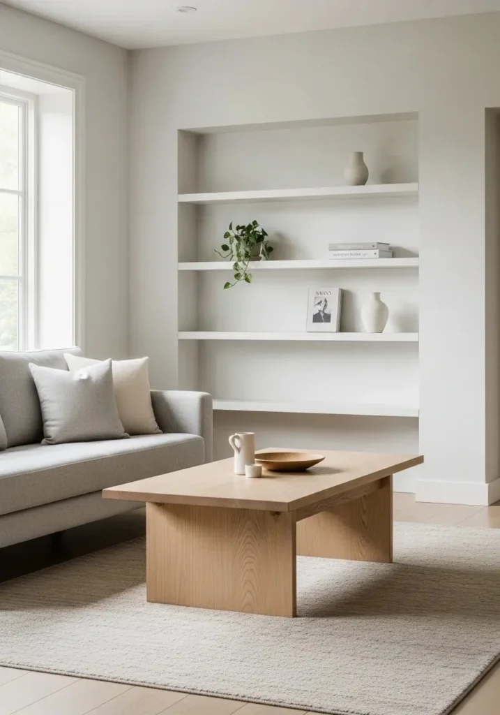 Clean and uncluttered surfaces in a Japanese living room for a calm environment