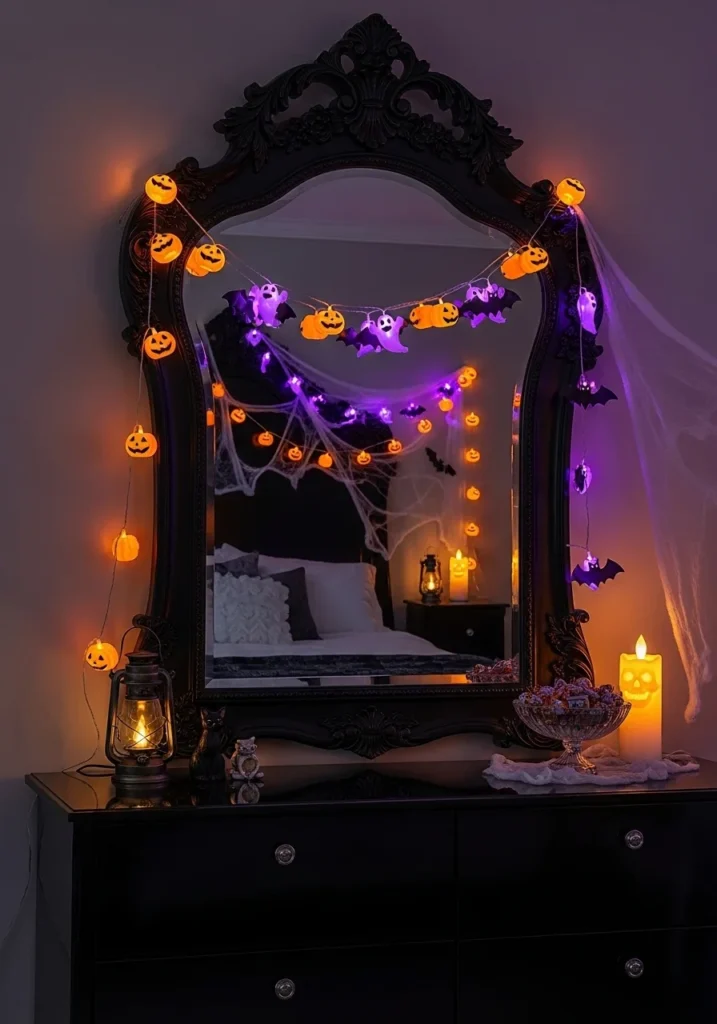 Ornate black-framed mirror reflecting Halloween bedroom lights and decorations for added depth
