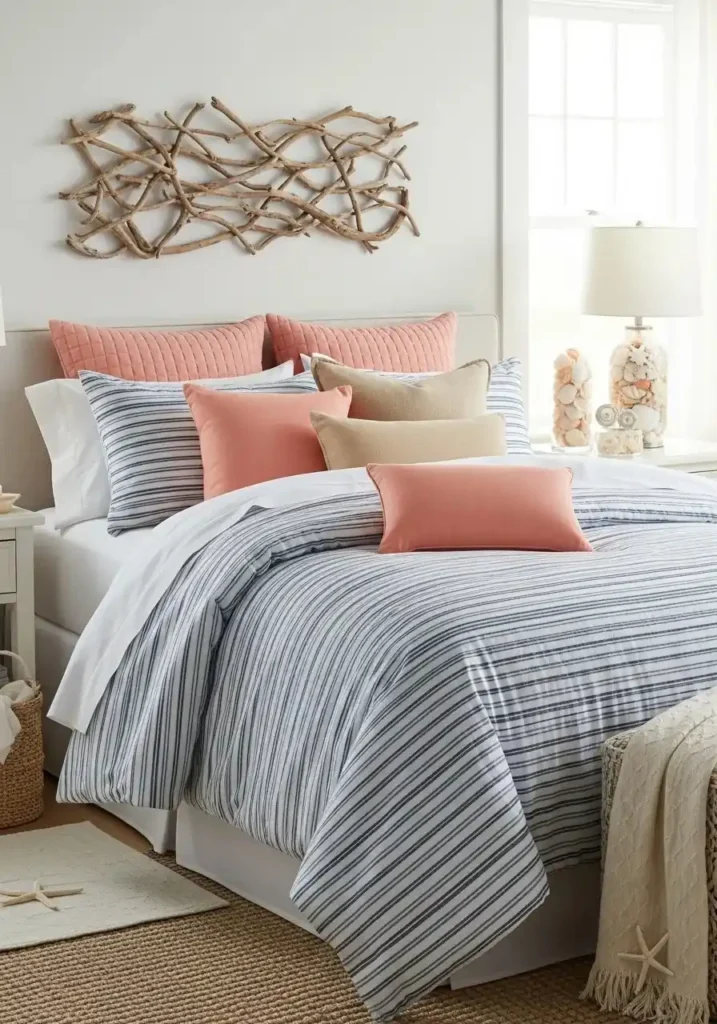 Granddaughter bedroom with nautical striped bedding, pastel accent pillows, and coastal decor in a bright, airy setting