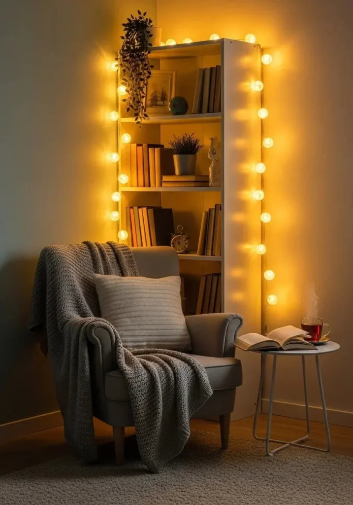 String lights creating a cozy glowing reading corner in bedroom
