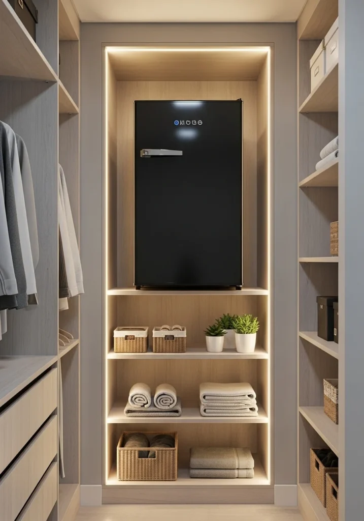 mini fridge inside wardrobe nook bedroom organization idea