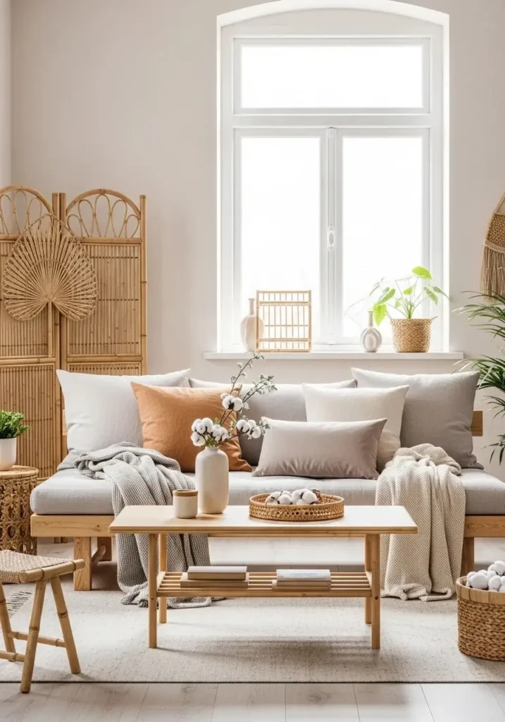 Japanese living room using natural materials like wood, linen, and bamboo