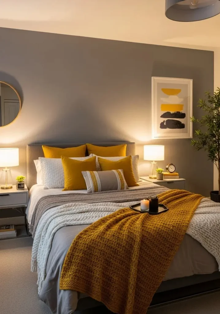 Gray and mustard bedroom creating cozy contrast and modern warmth