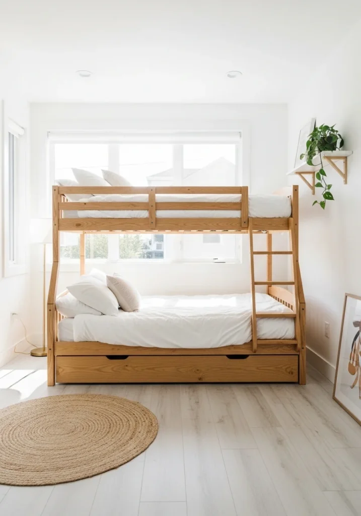 light wood bunk bed with white bedding creating an airy bedroom feel