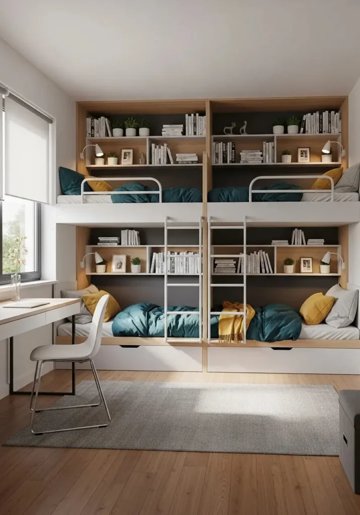 bunk bed with built in shelves for storage and decor display