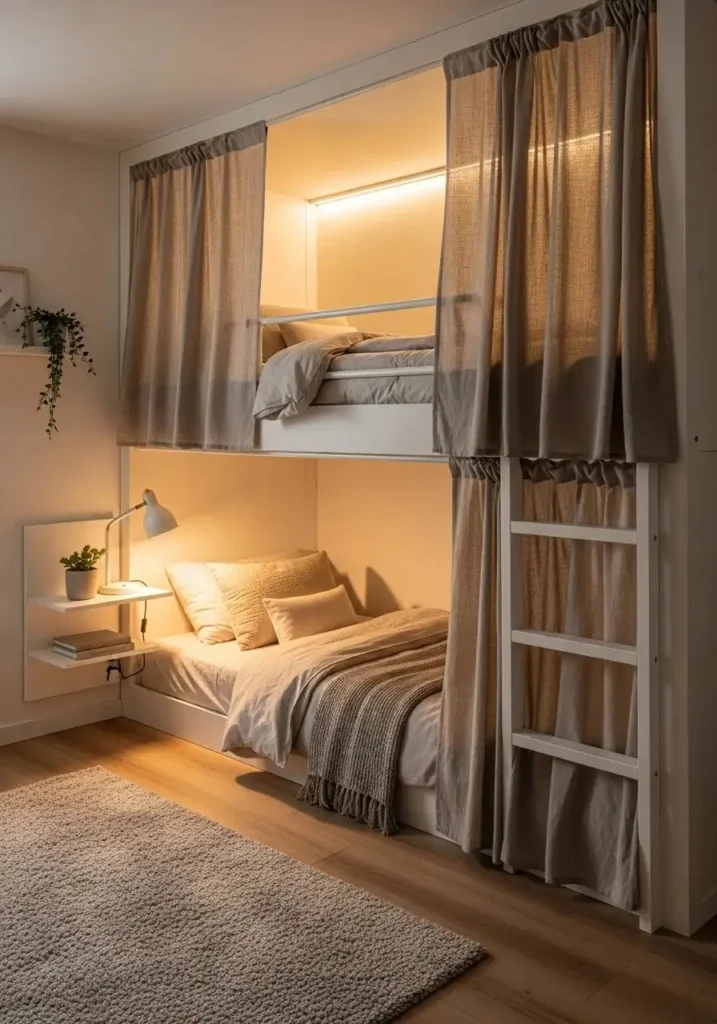 bunk bed with curtains for privacy and cozy bedroom feel