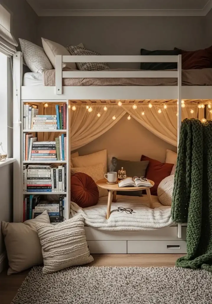 bunk bed with cozy reading nook and warm lighting underneath