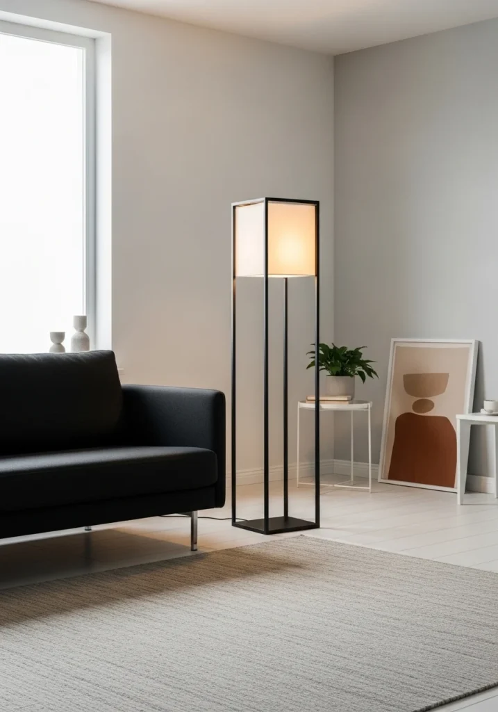Black floor lamp casting warm light, enhancing coziness and dramatic elegance in living room with black furniture