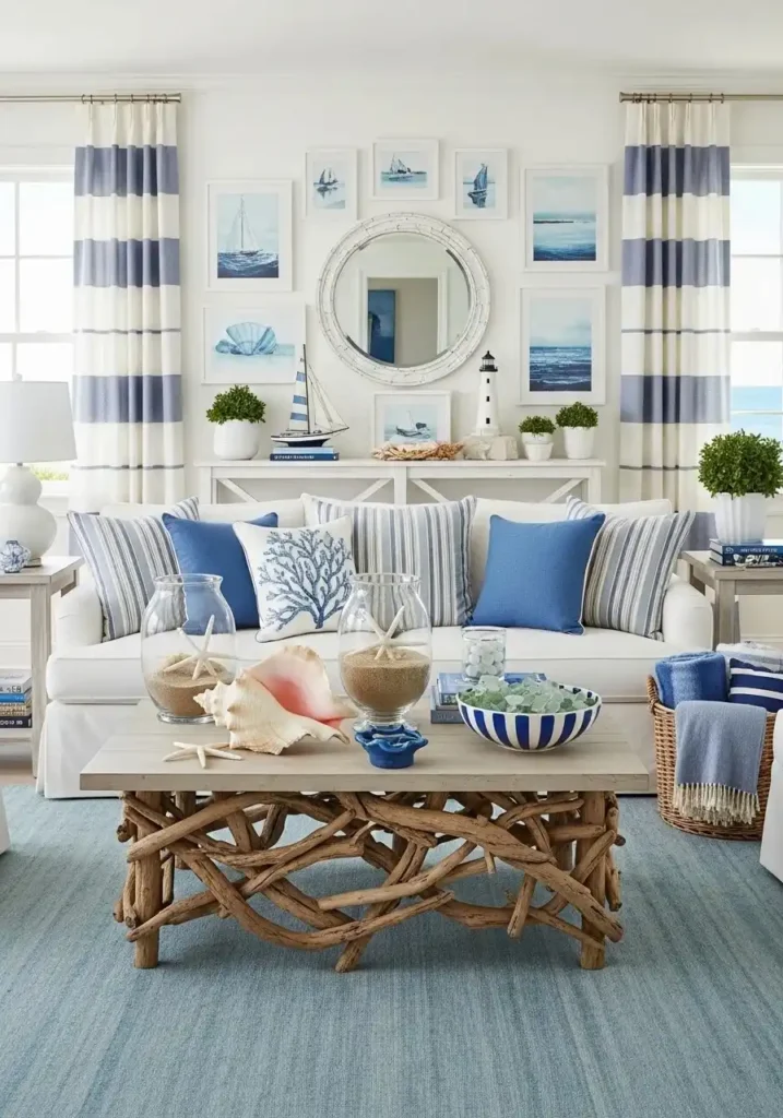 Blue and white beach living room with classic coastal style and fresh vibe