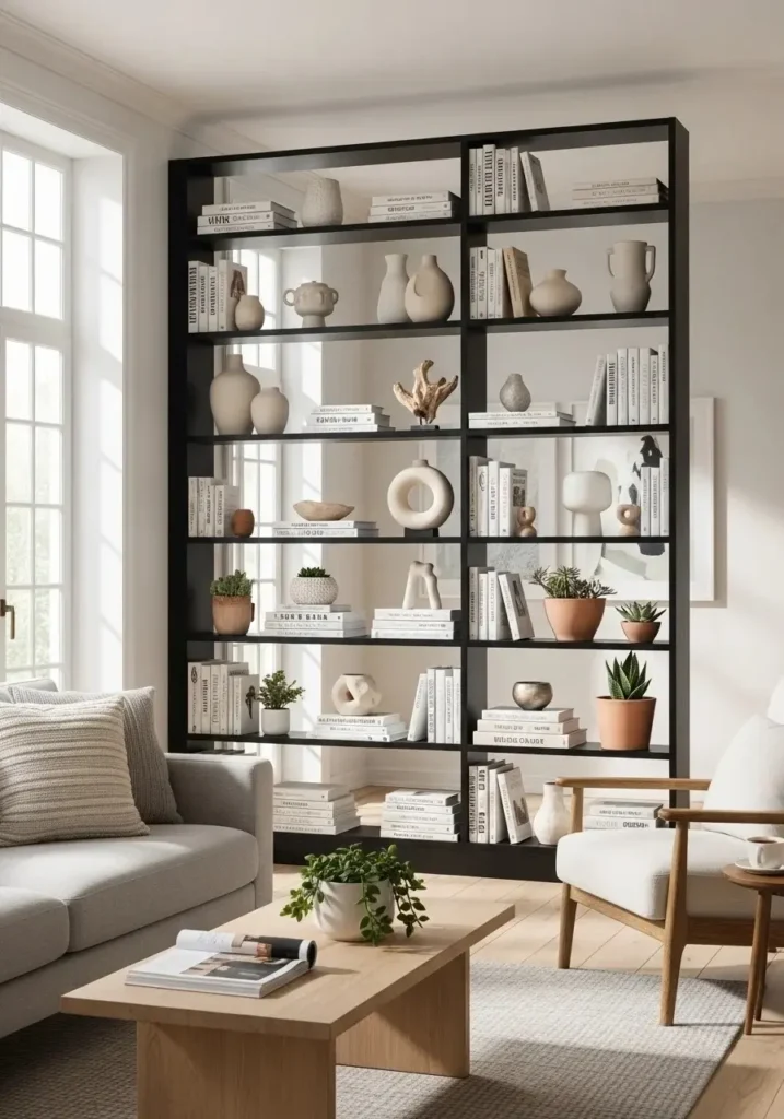 Black bookshelf showcasing books and decor, adding height, structure, and sophistication to living room