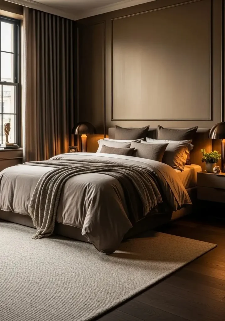 Urban bronze bedroom with layered bedding for a cozy and inviting feel