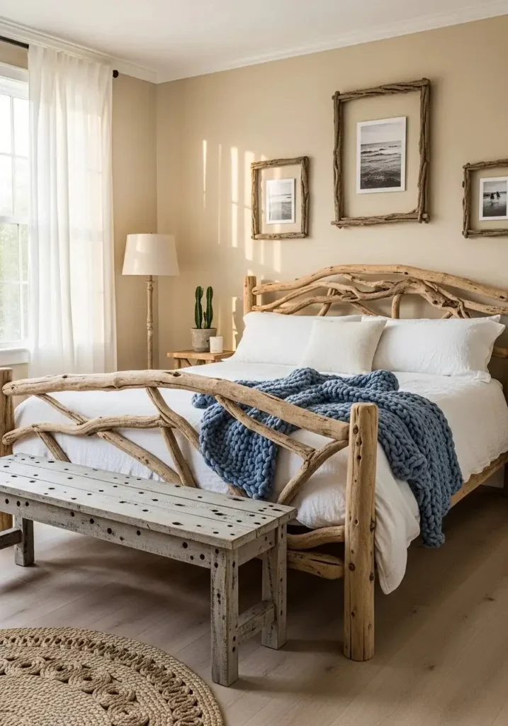 Coastal cowgirl bedroom with driftwood and reclaimed wood furniture.