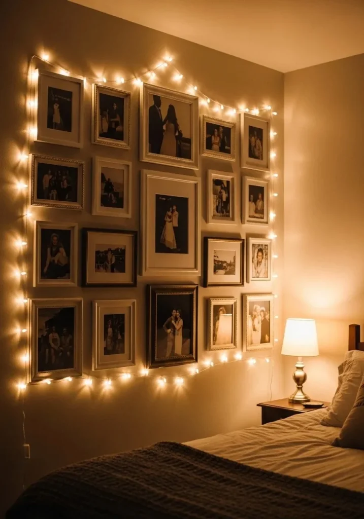 String lights outlining gallery wall creating a warm memory display