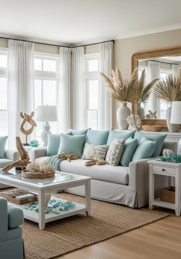 Beach living room with aqua and seafoam accents adding fresh color