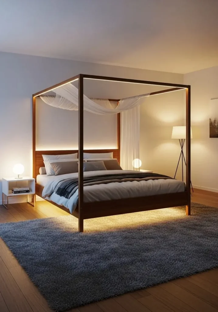 Modern canopy bed with built-in LED lighting for cozy, functional bedroom illumination.
