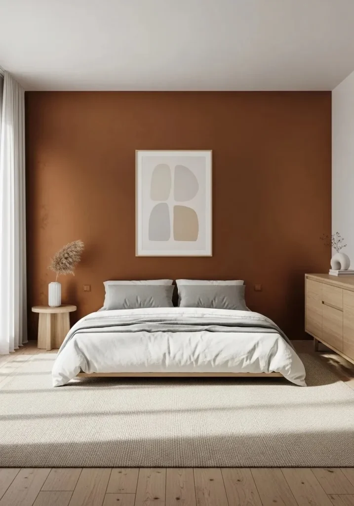 Urban bronze bedroom with minimal wall art and clean styling