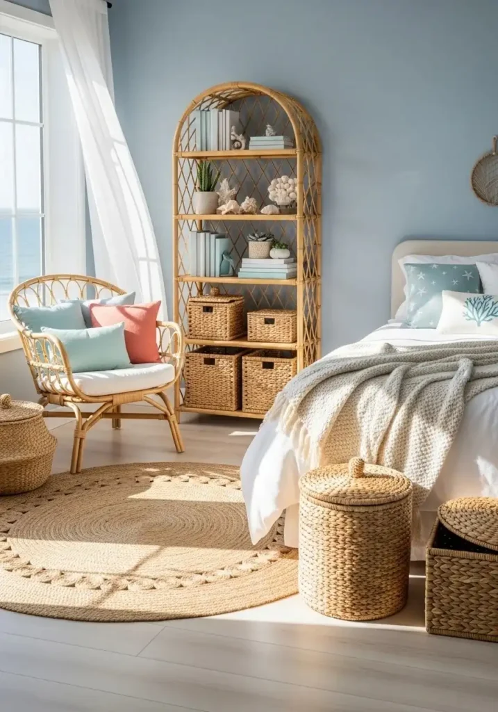 Coastal bedroom with wicker and rattan furniture, pastel cushions, and natural seaside textures