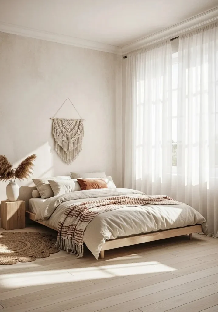 boho coastal bedroom with sun-faded ivory walls and soft neutral tones creating a calm and airy base