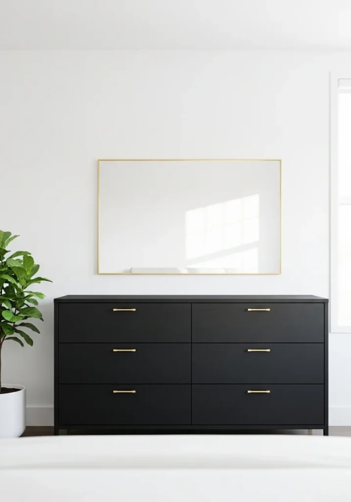 black dresser against light wall bedroom contrast idea