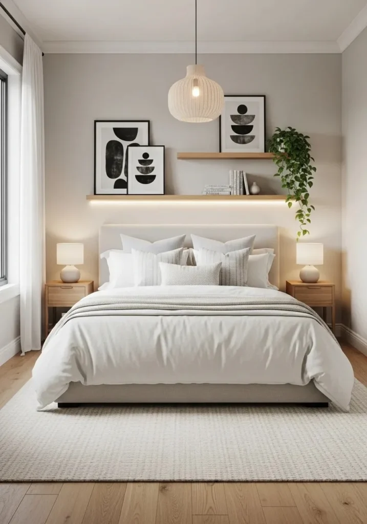 Floating shelves above bed with neutral decor creating a soft and stylish bedroom focal point