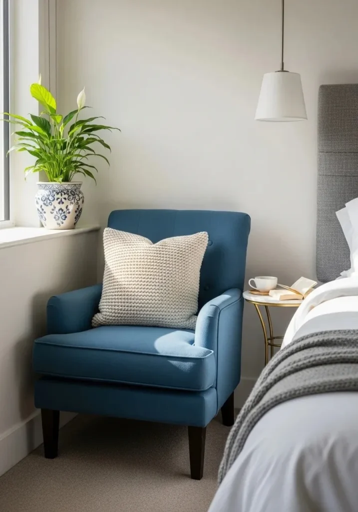 French blue accent chair creating a stylish seating spot in the bedroom.