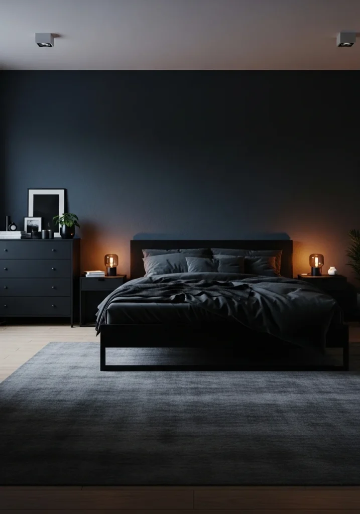 black furniture with dark wall colors moody bedroom idea