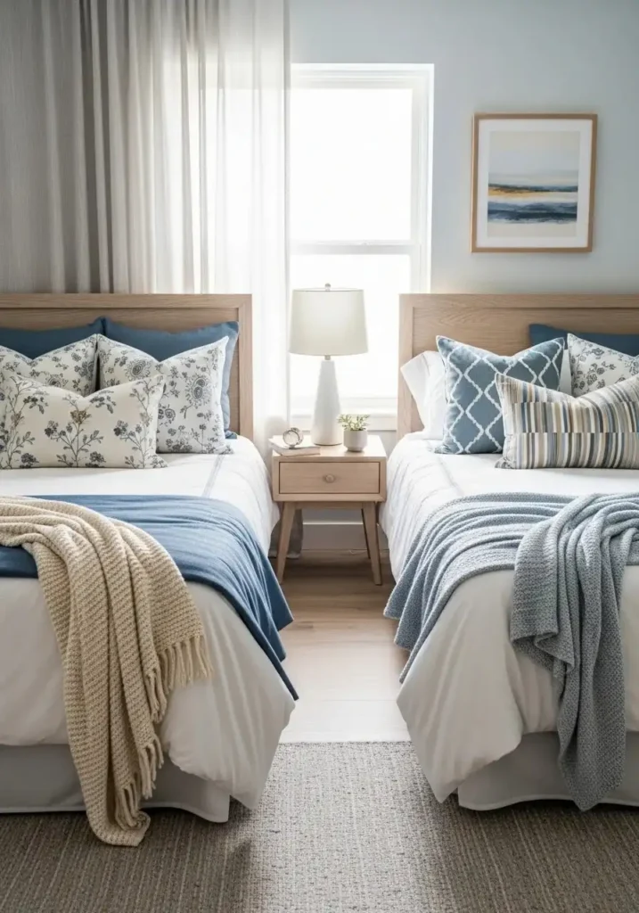 Twin beds with matching frames and varied pillows for a balanced yet relaxed look