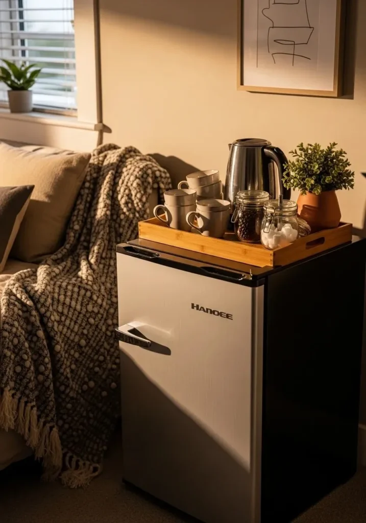 mini fridge coffee bar setup in bedroom cozy aesthetic