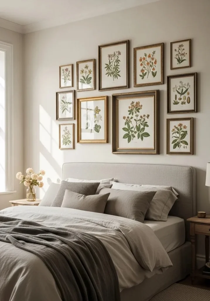 french provincial bedroom gallery wall vintage frames