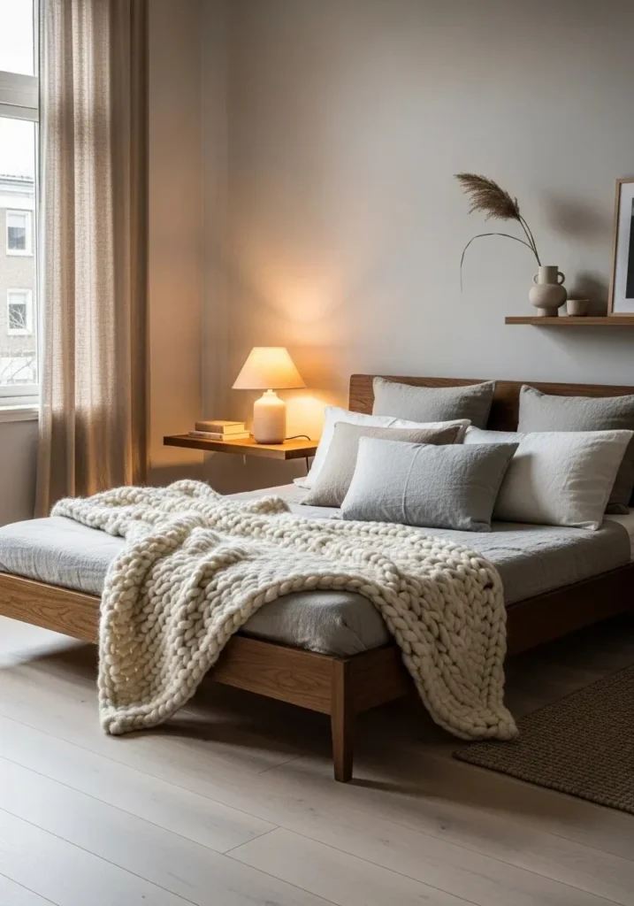 Japandi bedroom blending minimalist furniture with cozy Scandinavian textiles.
