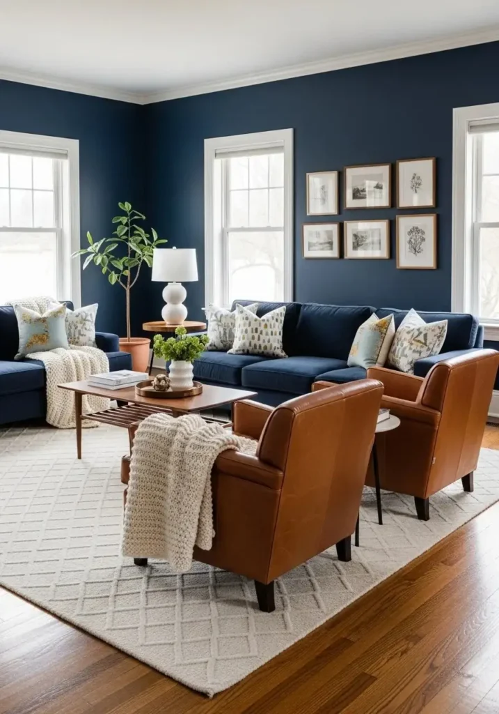 Navy and camel living room with classic, sophisticated style.
