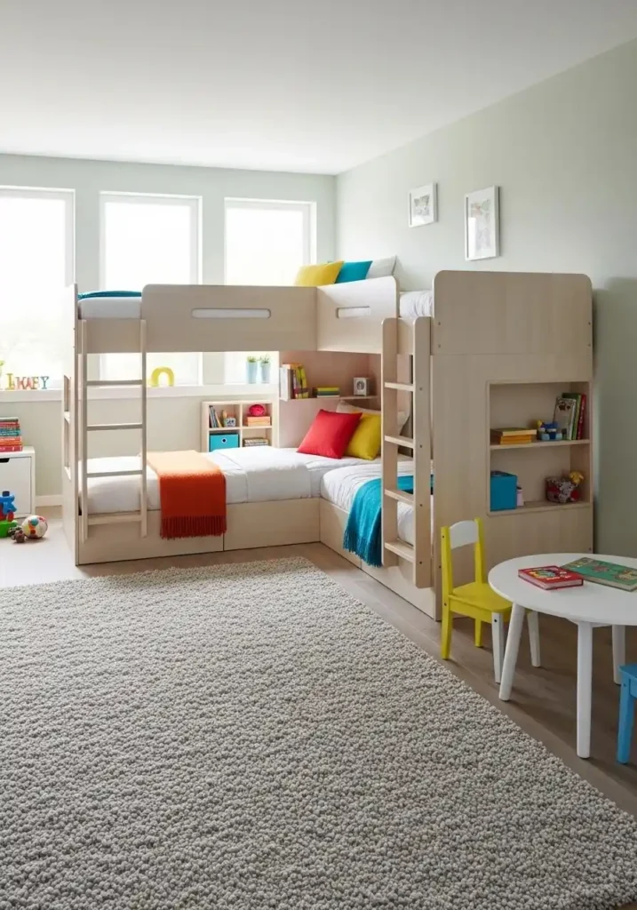 L shaped bunk bed design with open layout and cozy floor space