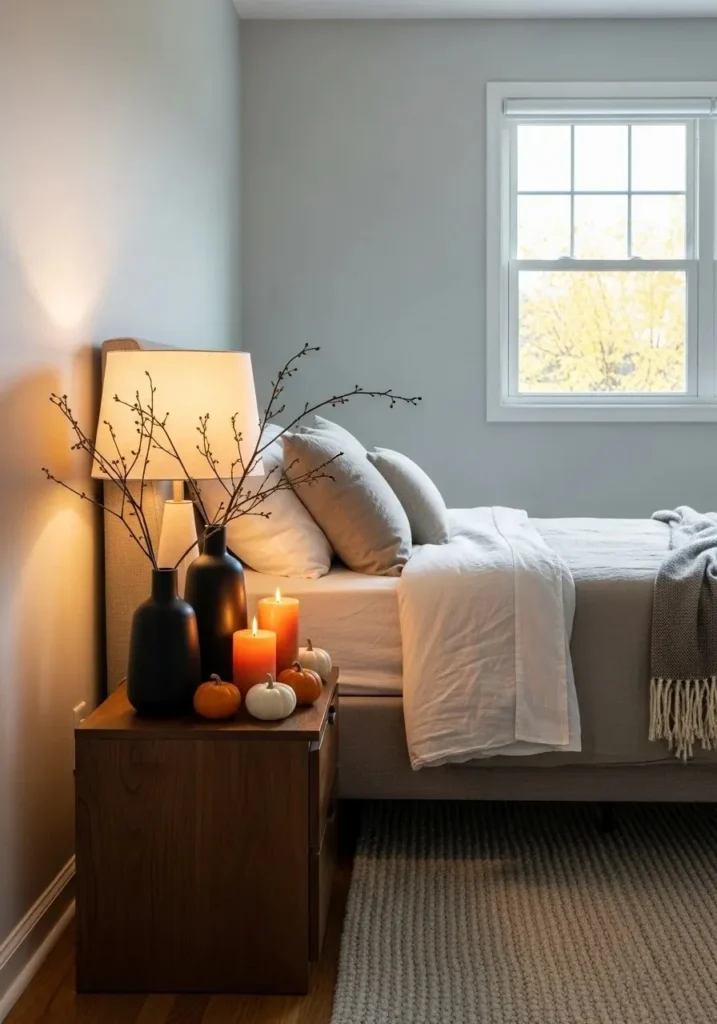 Halloween bedroom nightstand with black and orange accents, candles, pumpkins, and a soft neutral lamp.