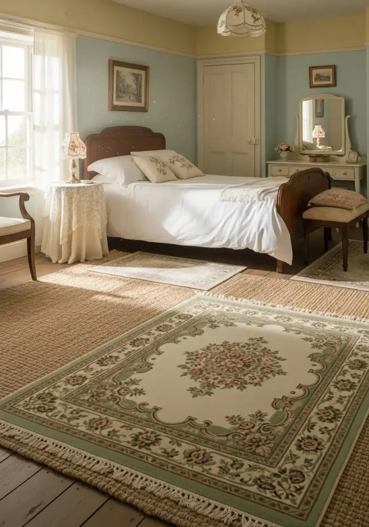 Cozy vintage cottage bedroom with layered jute and floral rugs enhancing warmth and style.