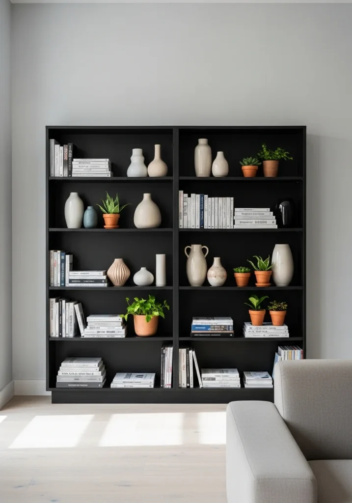Black media console in living room with TV and minimalist decor, creating a polished, organized look