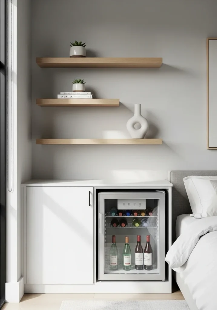 mini fridge with floating shelves bedroom storage idea