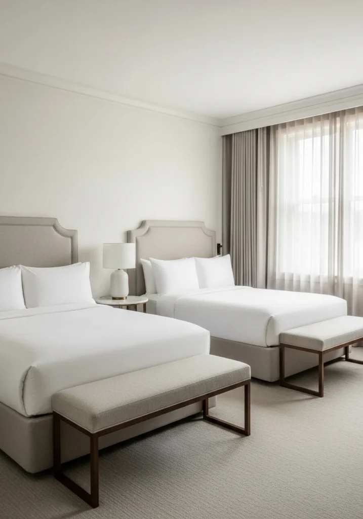 Bench at the foot of twin beds adding style and function to a guest bedroom.