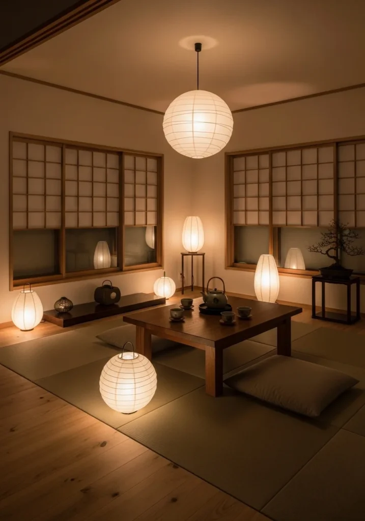 Warm soft lighting in a Japanese living room creating a cozy evening atmosphere