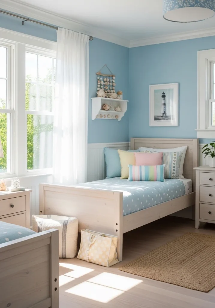 Coastal granddaughter bedroom with soft blue walls, white trim, light wood accents, and sunlight streaming in for a calming beachy vibe