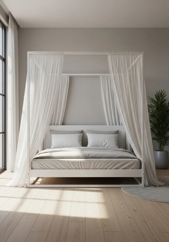 Minimalist white canopy bed with sheer curtains and neutral bedding in a bright bedroom.