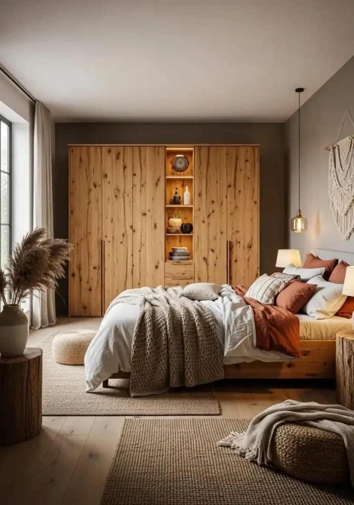 Warm wood wardrobe adding natural texture and coziness to the bedroom
